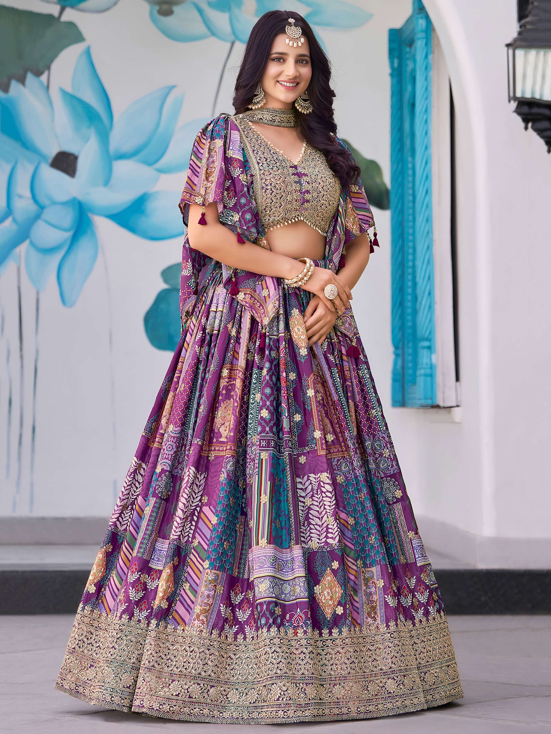  Purple Multicolor flower Printed Lehenga Choli in Chinnon Silk fabric supplier in surat 7050 Purple 